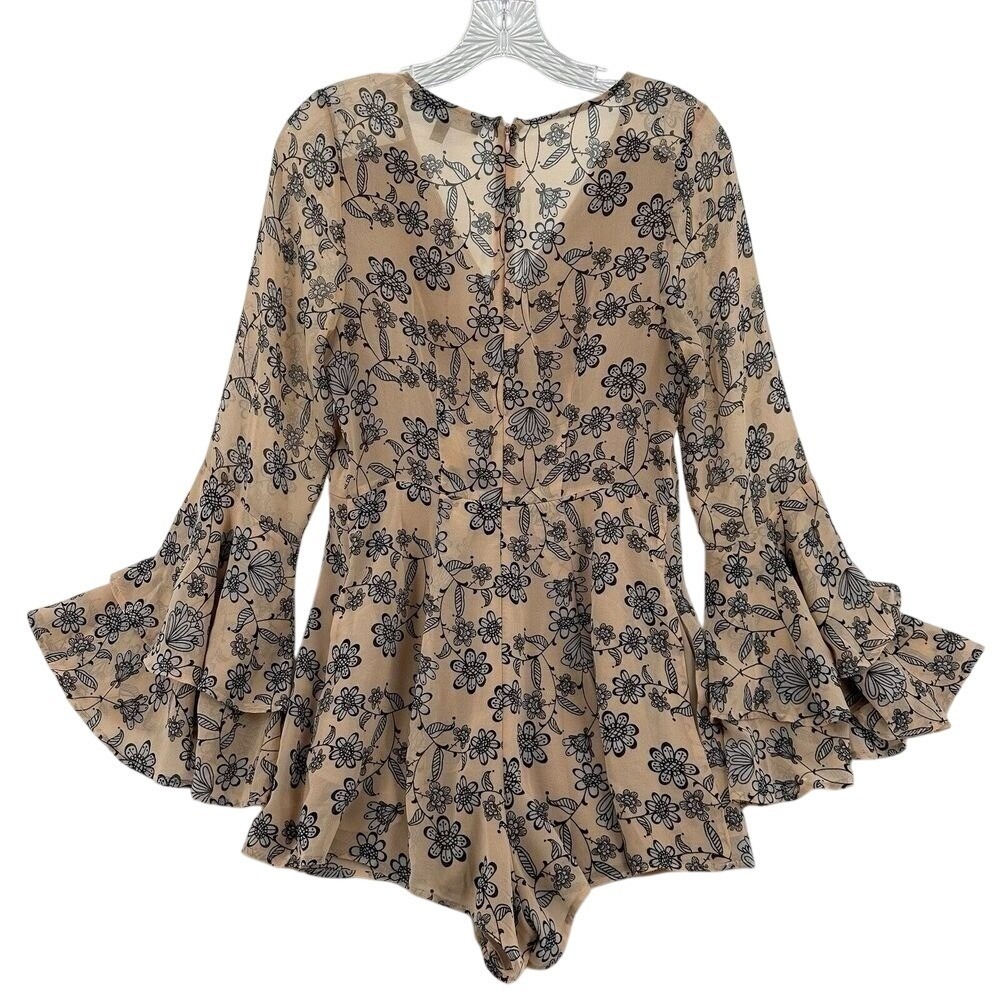 For Love & Lemons Sz S Floral Bell Sleeve Romper Tan Black Tie Front Designer